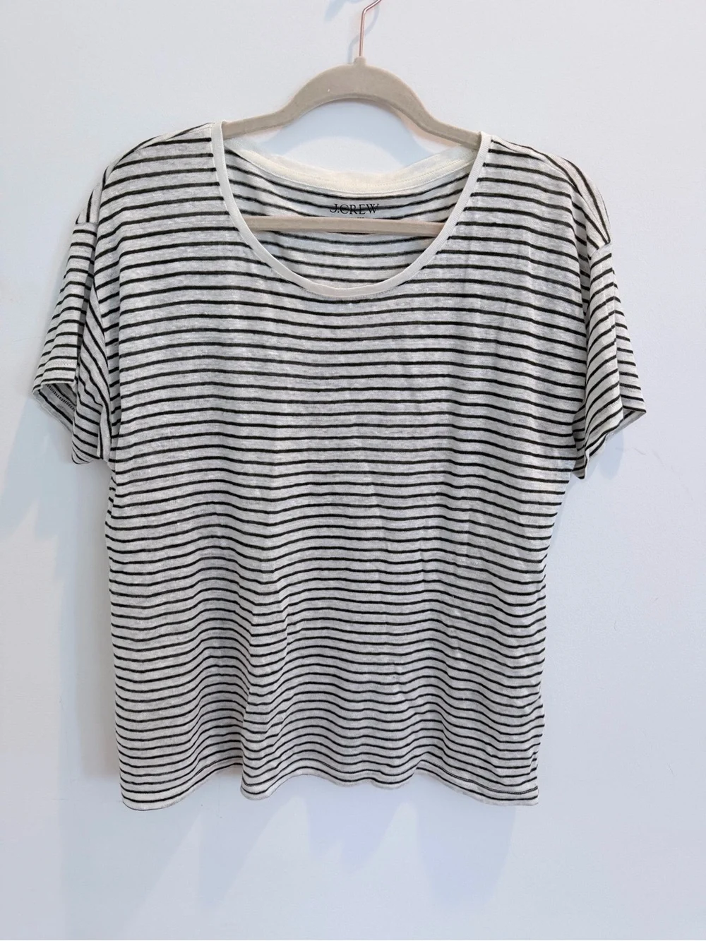J. Crew Linen Striped Short Sleeve Tee in White & Olive Green, Size Medium